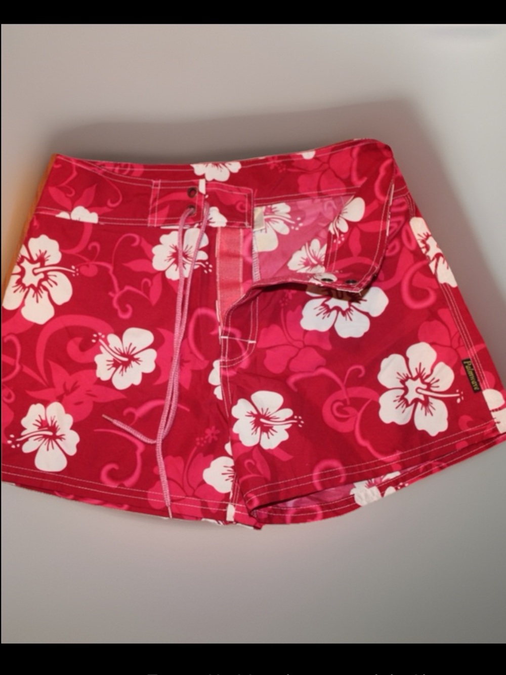 Palmwave Vintage Floral Swim Shorts Pink White Hibiscus Lace Up Women’s 3